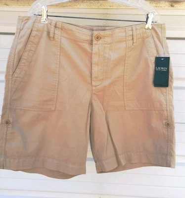 Lauren Ralph Lauren女式14个斜纹布短裤100%纯棉棕褐色卷片远足 — 第 1/4 张图片
