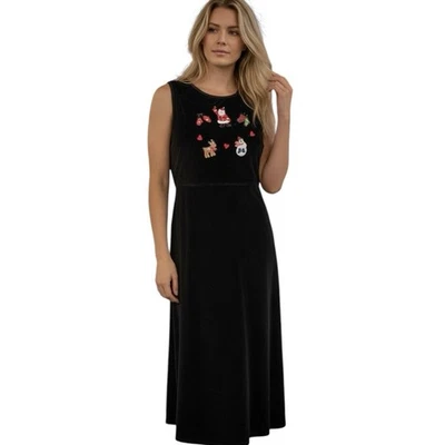 Винтажное женское велюровое платье-джемпер ERIKA M черное макси с рождественской вышивкой - Изображение 1 из 4