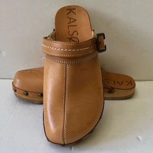 KALSO EARTH SHOE WOMEN'S MULES & CLOGS SHANTI LEATHER WOOD SIZE 6W NATURAL - Picture 1 of 12