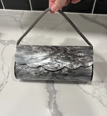 Vtg Lucite Purse Hinged Fold Over Scalloped Edge w/Rolled Mesh Handle - Image 1 of 4