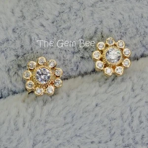14k Solid Yellow Gold Diamond Flower Ear Studs Posts PAIR - Picture 1 of 5