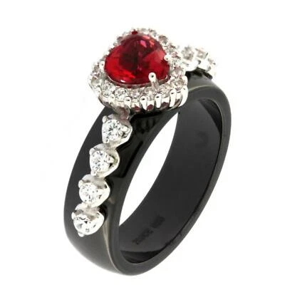 Anello da Donna in Ceramica Nera ARGCN22 con Pietra Cuore Rosso e Argento 925 - Immagine 1 di 4