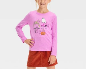 Cat & Jack Girls XS (4/5) Halloween Cat T-Shirt Long Sleeve Purple Violet Tee - Picture 1 of 6