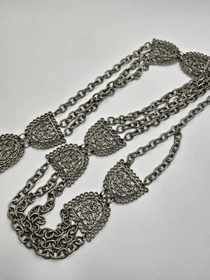 Vintage Silver Tone Filigree Scroll Chain Belt - Image 1 of 4