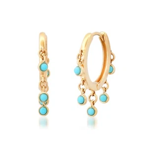 Genuine Turquoise Dangle Huggie Earrings 9K Yellow Gold Minimalist Jewelry Gift - Picture 1 of 5