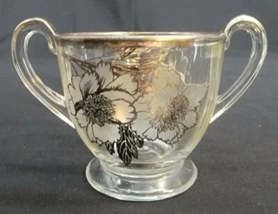 DE COLECCIÓN ~ Superposición de flores Silver City Flandes en azucarero de vidrio transparente Foto 1 de 4