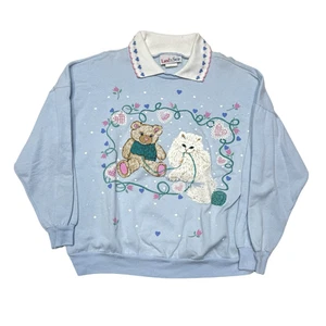 Vintage Land n Sea Sweater Womens Medium Cat Teddy Bear Novelty Pullover 90s - Picture 1 of 9