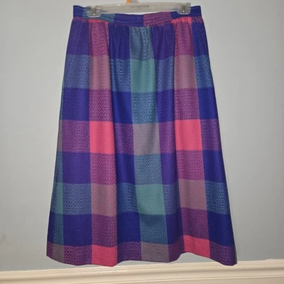 Vintage Plaid Wool A-Line Full Purple Pink Green Large Skirt Academia Preppy - Image 1 of 4