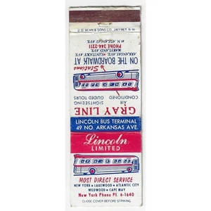 Matchbook Cover Gray Line Lincoln Limited Bus Service NJ  Cape May Wildwood - Picture 1 of 3