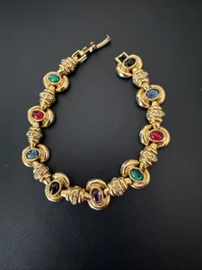 "Impresionante brazalete tenis vintage blanco tono dorado 7"" - piedras multicolores" - Imagen 1 de 8