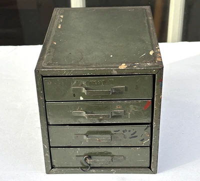 Vintage Mini 4 Drawer Metal Tool Cabinet Small Parts Storage Organize 6" tall - Image 1 of 4