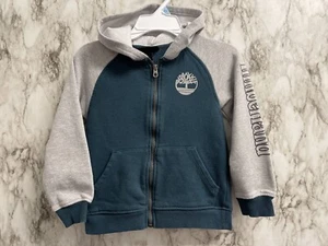Timberland Boys Size 5 Zip Up Hoodie Sweatshirt Logo Print Grey Dark Green - Picture 1 of 5