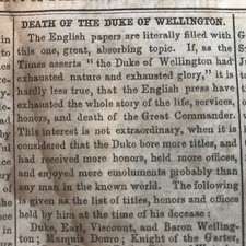 1852 newspaper DUKE OF WELLINGTON DEAD Defeated NAPOLEON @ BATTLE of WATERLOO
