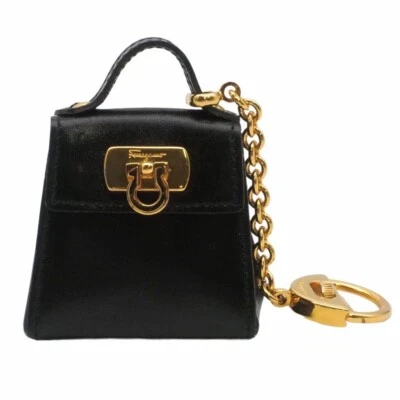 Ferragamo Gancini Charm Key Ring Holder leather black Gold fashion goods chain - Image 1 of 4