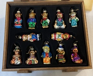 Vintage Thomas Pacconi Art Glass Teddy Bear Christmas Ornament Set 12 Wood Crate - Picture 1 of 9