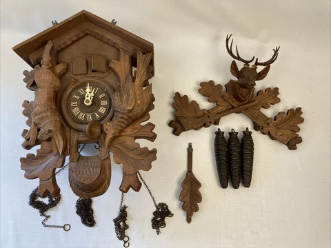 Vintage Cuckoo Clock Hunter Deer Rabbit Rifles Bird Clock Large West Germany Cover