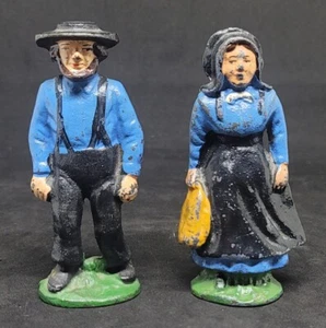 (2) ANTIQUE CAST IRON AMISH COUPLE FIGURINES ORIGINAL PAINT VERY NICE HEAVY 4.5" - Picture 1 of 9