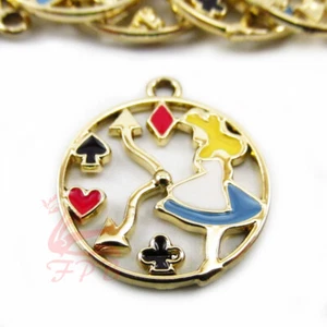 Alice in Wonderland Clock - 2/5/10 Gold Plated Enamel 23mm Pendants EC6144 - Picture 1 of 6