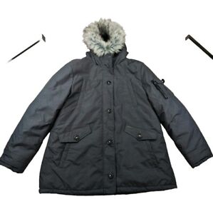 Manteau tampon femme Skechers gris veste noire fausse fourrure parka à capuche taille XL