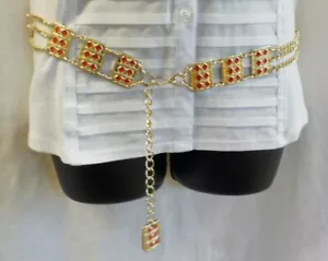 1960's Waist Chain Boho Hippie Belt Gold W Rectangle Red Enamel Size 29" - 35" - Picture 1 of 12