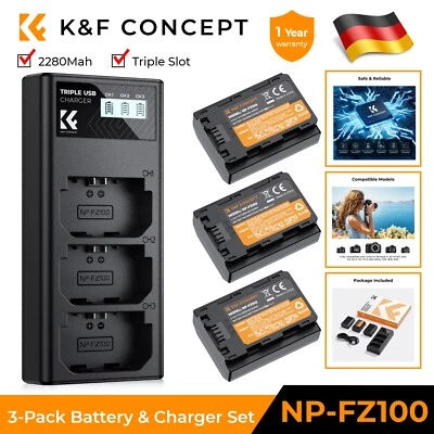 K&F Concept NP-FZ100 Kamera Akkus(3er Pack) 3-Slot Ladegerät 2280mAh für Sony