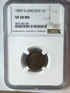 1909-S Lincoln Wheat Cent, Key Coin, Graded VF 20 By NGC - Picture 1 of 6