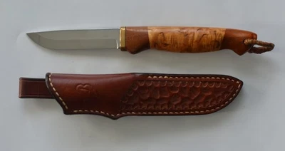 Handgefertigtes finnisches Puukko-Messer mit Maserbirken-Griff und Lederscheide - Bild 1 von 4