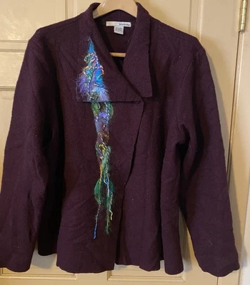 Vintage 90s TwoStar Dog  100% Felted Wool Chic Cardigan~L~Shimmery Embroidery~EX - Image 1 of 4