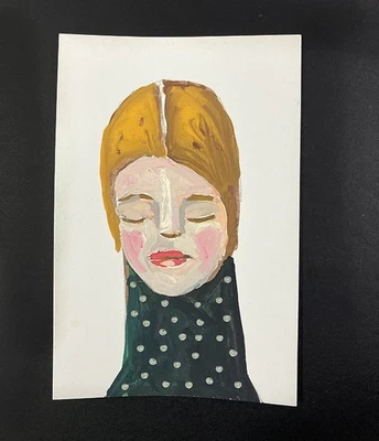 Retrato Pintura Ingenua Primitiva Expresiva Arte de Pared Mujer Meditando 4x6 Foto 1 de 4