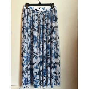 Floral Mesh Maxi Skirt White Blue Flower Overlay Sheer Lightweight 1XL - Picture 1 of 5