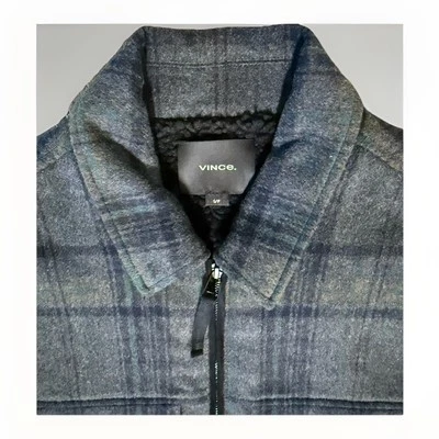 Vince Black/Gray/Green Plaid Sherpa Lined Military Shirt Jacket Size Small Y2K - Image 1 of 4