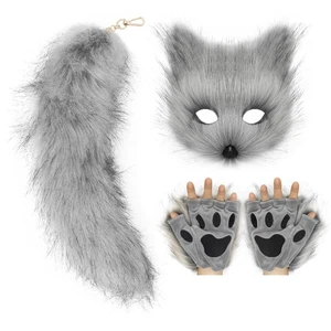 Katze Fuchs Maske Schwanz und Pfoten Handschuhe Set Felltier Therian Kit Maskerade Hal... - Bild 1 von 5