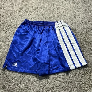 Adidas Vintage 1990s Embossed Satin Silky Shiny Shorts Striped Soccer Blue Y2k - Picture 1 of 10