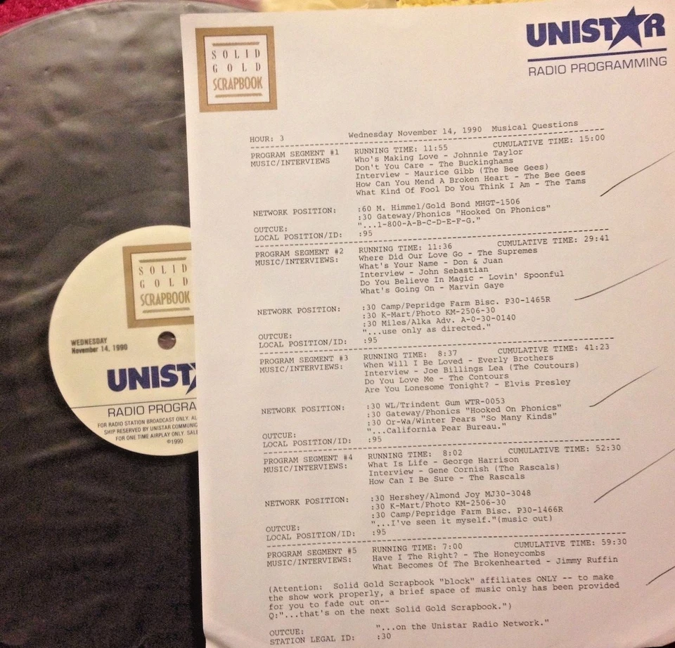 RADIO SHOW 11/14/90 QUESTIONS: ELVIS, GEORGE HARRISON, SPOONFUL, BUCKINGHAMS,  - Image 1 of 1