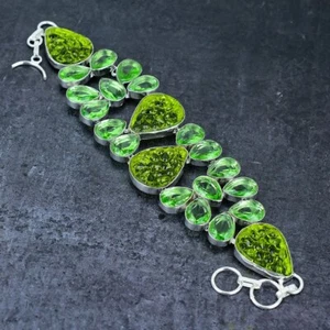 Moldavite Quartz, Tsavorite Gemstone 925 Sterling Silver Bracelet 7-8" A859 - Picture 1 of 4