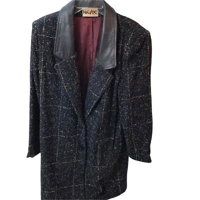 Abrigo Vintage Años 80 90 Largo Gran Tamaño Azul Tweed Blazer Chaqueta Cuello Cuero 10 Foto 1 de 4