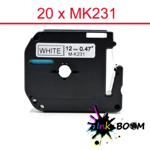 20PK Label Negro sobre Blanco Compatible con Cinta P-Touch Brother MK231 12mm x 8m - Imagen 1 de 1