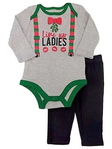 Infant Boys Line Up Ladies Christmas 2 Piece Outfit Gray Bodysuit Pant Set NB - Picture 1 of 1