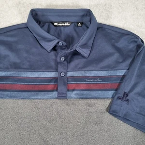 Polo Travis Mathew manica corta uomo XL blu grigio righe rosse logo Playstation - Foto 1 di 8