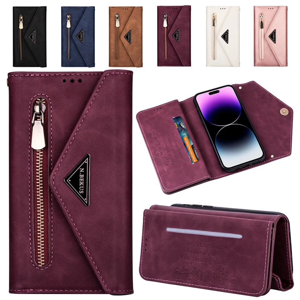 For iPhone 14 13 12 11 Pro Max XS XR 8 7 Leather Zipper Wallet Case Purse Cover
