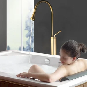 Brushed Gold Freestanding Tub Filler Single Handle Bathtub Faucet Mixer Tap - Picture 1 of 39