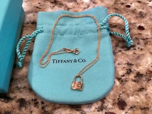 Tiffany & Co 18k Chain and Mini Lock Charm Necklace 16”~ w Tiffany Bag & Box - Picture 1 of 11