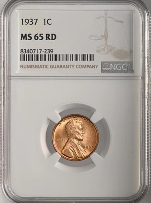 1937-P 1C LINCOLN WHEAT CENT NGC MS65 RD (RED) #8340717-239 (SCRATCH ON PLASTIC) - Image 1 of 4