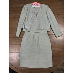 St John's Knit Evening Seafoam Green Blazer/Tank/Skirt Suit Silk - Size 14/L/12 - Picture 1 of 19