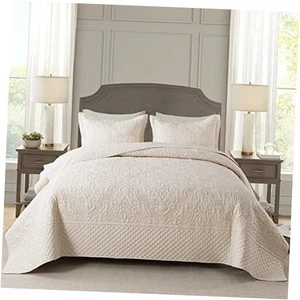 Quilt Bedspread Set Jacquard Embossed Floral Pattern Reversible King Beige - Picture 1 of 7