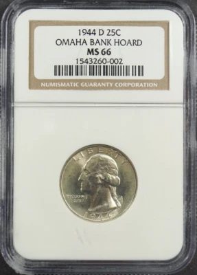 :1944-D S25C WASHINGTON QUARTER NEAR SUPERB NGC MS66 OMAHA BANK HOARD HIGH GRADE - Image 1 of 2