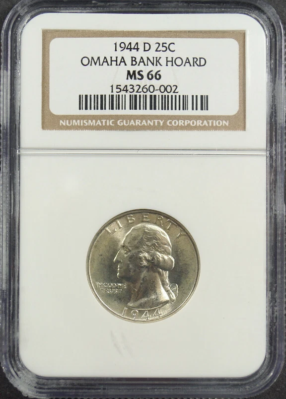 :1944-D S25C WASHINGTON QUARTER NEAR SUPERB NGC MS66 OMAHA BANK HOARD HIGH GRADE - Image 1 of 2