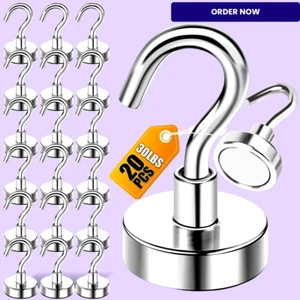 30lbs Magnetic Hooks - Silver - Heavy Duty Fridge Hanging Hooks - 20 Pack - Picture 1 of 7