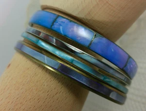 Vtg Abalone Shell Blues Inlay Brass Silver Tone Bangle Stackable 4 Bracelet Lot - Picture 1 of 19