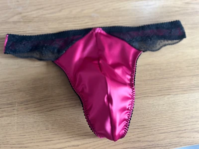 Mens satin underwear ~ hot pink satin & lace mens thong with pouch 28" - 38" - Image 1 of 4